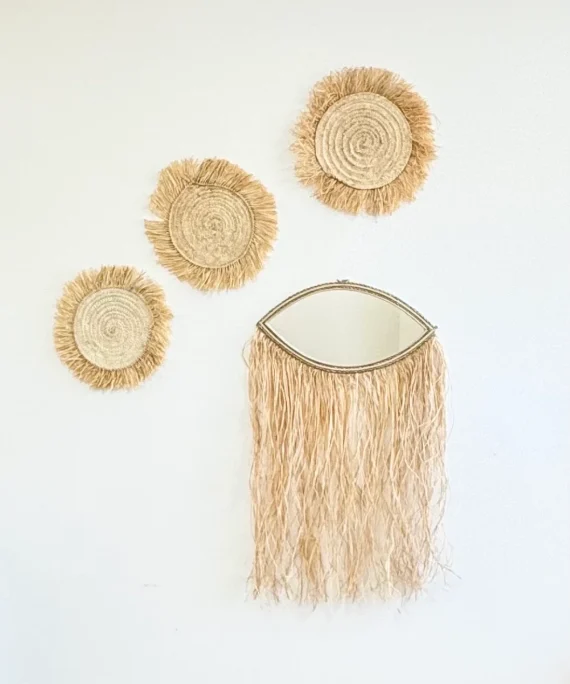 Miroir œil à franges en rotin