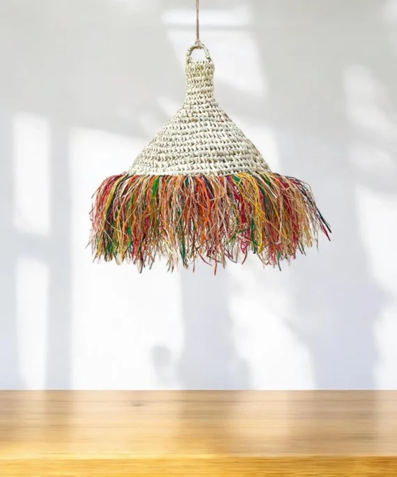 Suspension en  cloche -avec  franges en feuilles de palmier (orange)