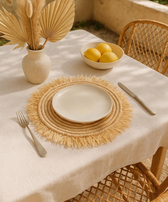 Set de table rond en raphia naturel  – avec franges