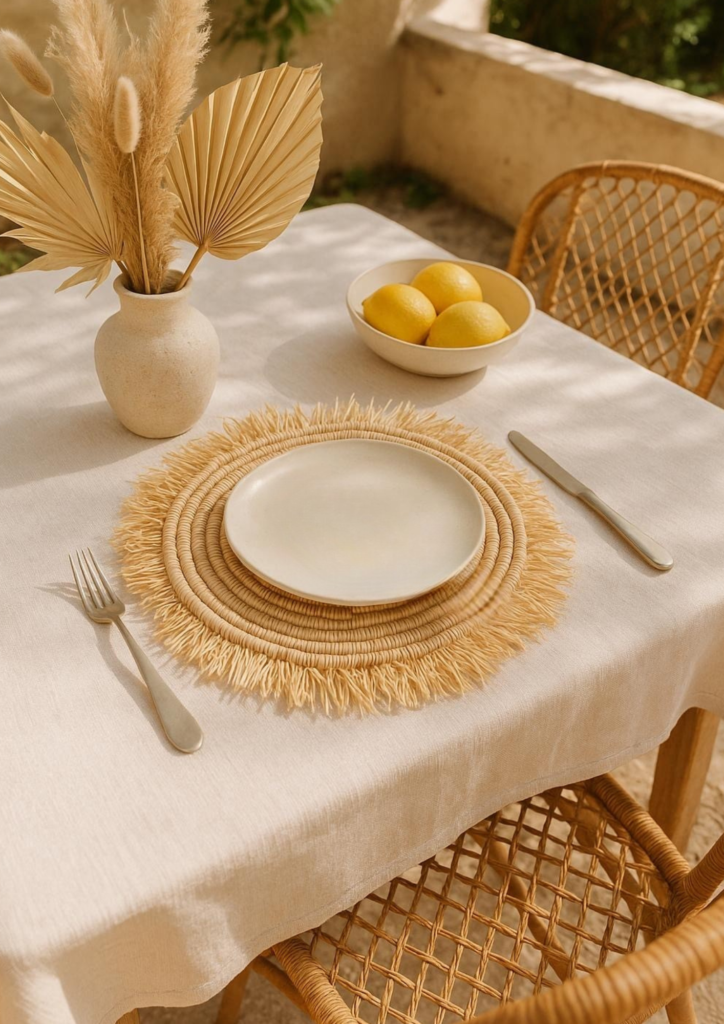 Set de table rond en raphia naturel  – avec franges