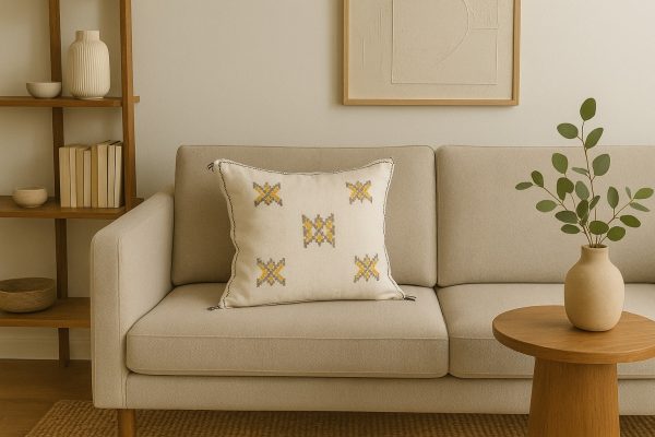 Coussin en Soie de Cactus Marocain – Blanc et Jaune