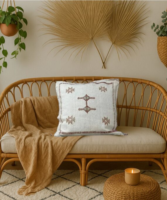Coussin en Soie de Cactus Marocain – Blanc et terracotta