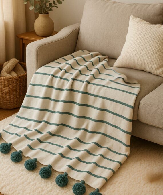 Plaid à pompons berbère marocain Vert & Blanc (1.5/2.5)